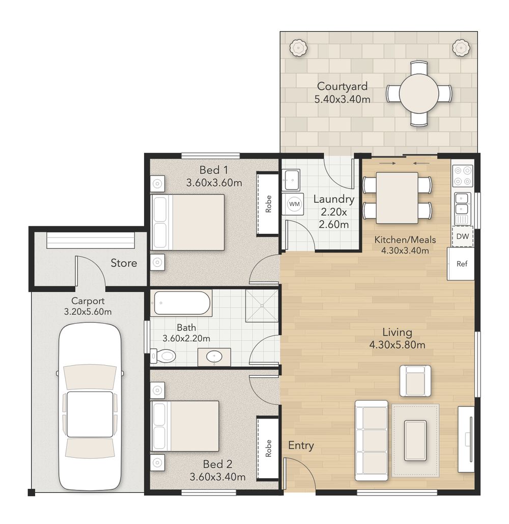 After: the same home redrawn in our premium style, with timber, tile and carpet floors, furniture and a car in the carport.