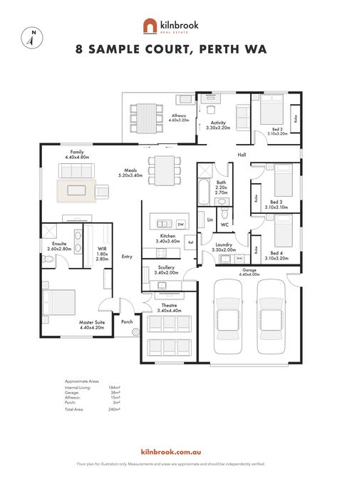 Sample plan of a four-bedroom family home in black and white with furniture, for a made-up agency.