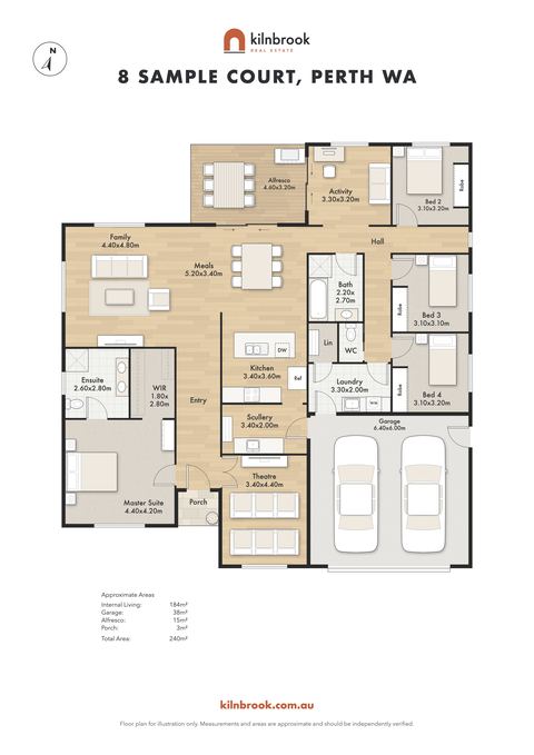 Sample plan of the same four-bedroom home in the premium style, with timber floors, furniture and shadows, for a made-up agency.