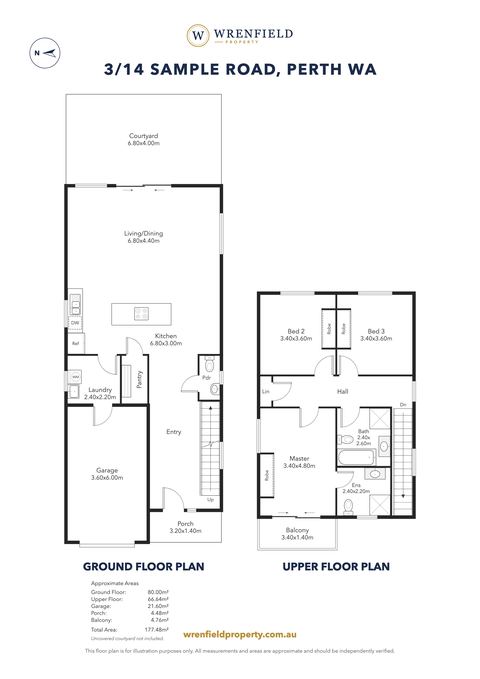 Sample plan of a two-storey townhouse with the upper and ground floors side by side, for a made-up agency.